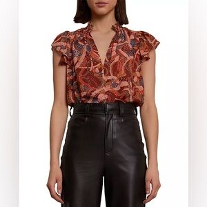 A.L.C. Hayley Printed Ginger Combo Red Orange Silk Flutter Sleeve Top NWT Size 8